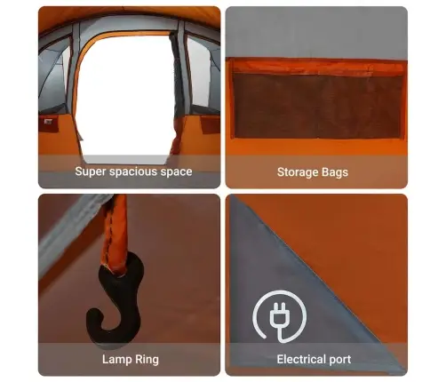 Ģimenes Telts Ar Logiem Un Tuneļa Pelēkā Un Oranžā Krāsā 8 Personām, Ūdensizturīga Vidaxl