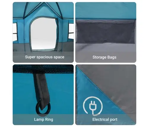 Kempinga Telts Ar Logiem Zila 12 Cilvēku Ūdensizturīga Vidaxl