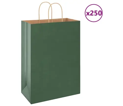 Papīra Maisiņi 250 Gab. Ar Rokturiem, Zaļi, 32X17X44 Cm Vidaxl