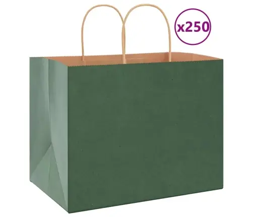 Papīra Maisiņi 250 Gab. Ar Rokturiem, Zaļi, 32X22X24 Cm Vidaxl