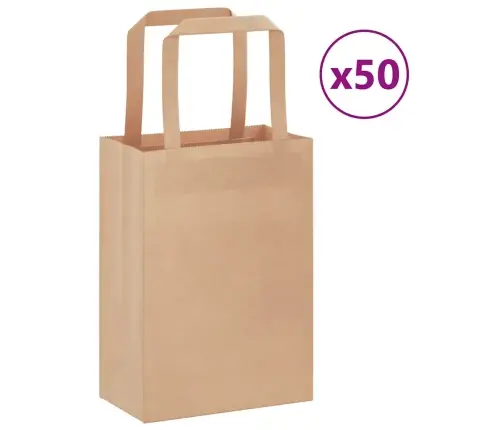 Popieriniai Maišeliai, 50Vnt., Su Rankenomis, Rudos, 15X8X21 Cm