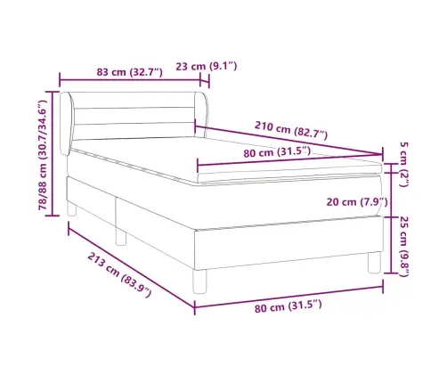 Box Spring Gulta Ar Matraci Gaiši Pelēks 80X210 Cm Velvet Vidaxl