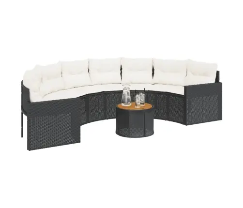 Sodo Sofa Su Stalu/Pagalvėlėmis, Juoda, Poliratanas, Pusapvalė