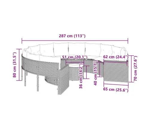 Dārza Dīvāns Ar Galdiņu Un Matračiem Apaļš Melna Pe Rotangpalma Vidaxl