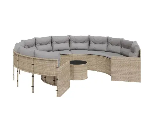 Sodo Sofa Su Stalu/Pagalvėlėmis, Smėlio, Poliratanas, Apvali