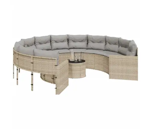 Sodo Sofa Su Stalu/Pagalvėlėmis, Smėlio, Poliratanas, Apvali