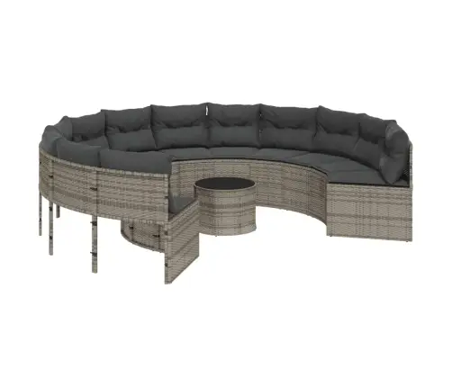 Sodo Sofa Su Stalu/Pagalvėlėmis, Pilka, Poliratanas, Apvali