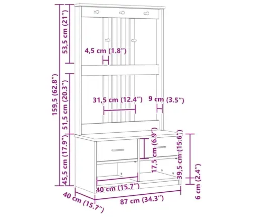 Halles Koks, Sandnes, Balts, 87X40X159,5 Cm, Priedes Masīvkoks Vidaxl
