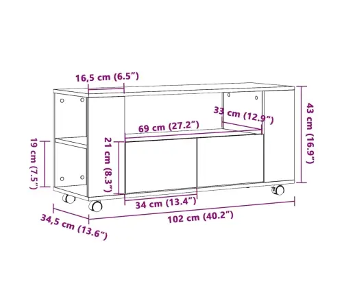 Ratastega Telerikapp Artisan Tamm 102X34,5X43 Cm Ehituspuit