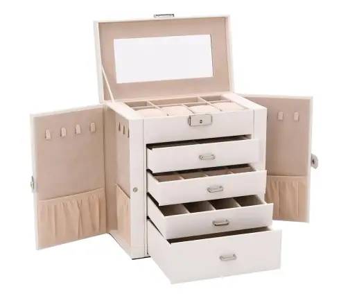 Papuošalų Dėžutė 5 Sluoksnių Su Veidrodžiu, Užrakinama, Balta
