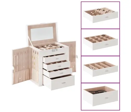 Papuošalų Dėžutė 5 Sluoksnių Su Veidrodžiu, Užrakinama, Balta