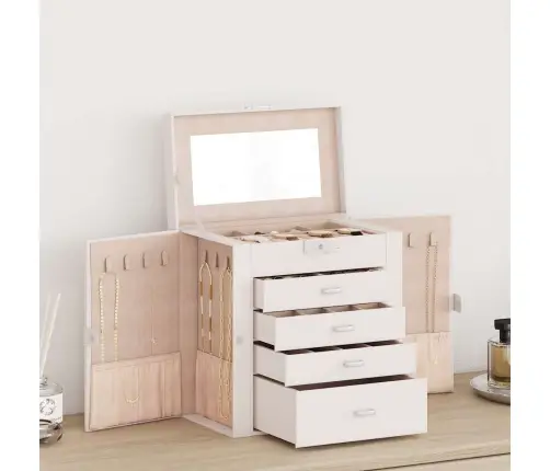 Papuošalų Dėžutė 5 Sluoksnių Su Veidrodžiu, Užrakinama, Balta