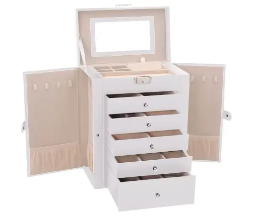 Papuošalų Dėžutė 6 Sluoksnių Su Veidrodžiu, Užrakinama, Balta