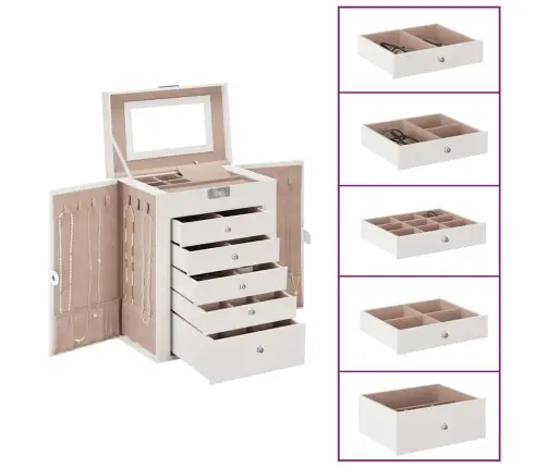 Papuošalų Dėžutė 6 Sluoksnių Su Veidrodžiu, Užrakinama, Balta