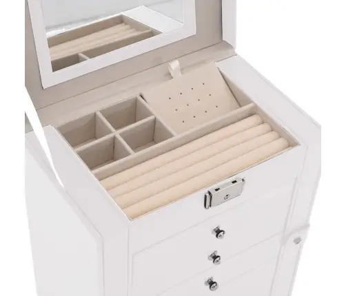 Papuošalų Dėžutė 6 Sluoksnių Su Veidrodžiu, Užrakinama, Balta