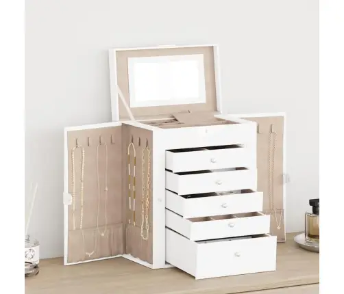 Papuošalų Dėžutė 6 Sluoksnių Su Veidrodžiu, Užrakinama, Balta