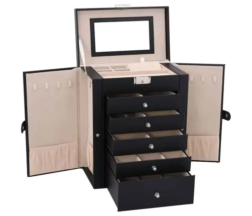 Papuošalų Dėžutė 6 Sluoksnių Su Veidrodžiu, Užrakinama, Juoda