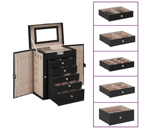 Papuošalų Dėžutė 6 Sluoksnių Su Veidrodžiu, Užrakinama, Juoda