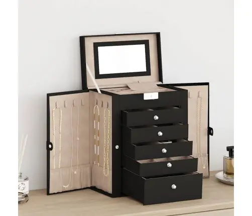 Papuošalų Dėžutė 6 Sluoksnių Su Veidrodžiu, Užrakinama, Juoda