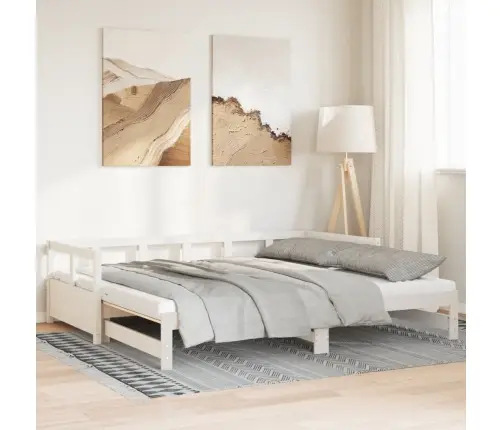 Lova Su Ištraukiama Dalimi Ir Čiužiniu, Balta, 80X200cm Pušis