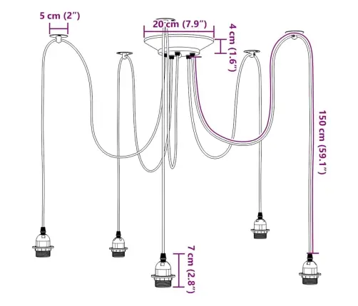 Piekaramā Lampa Ar 5 Lampu Turētājiem E27 Melns Metāls Vidaxl