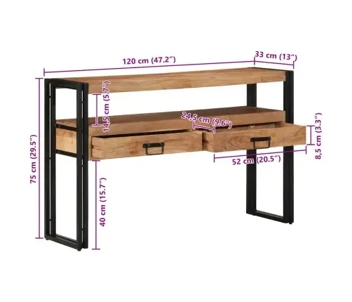Galds Melns 120X33X75 Cm No Solidā Akācijas Koka Un Metāla Vidaxl