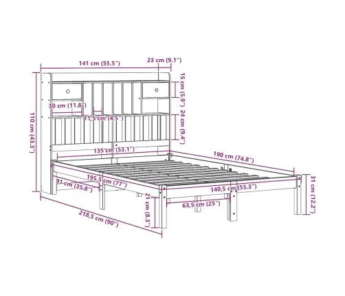 Gulta Ar Grāmatu Plauktu, Bez Matrača, 135X190 Cm, Priedes Koks Vidaxl