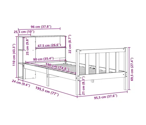 Riiuliga Voodi Ilma Madratsita, 90 X 190 cm Männipuit