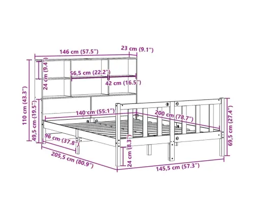 Gulta Ar Grāmatu Plauktu, Bez Matrača, 140X200 Cm, Priedes Koks Vidaxl