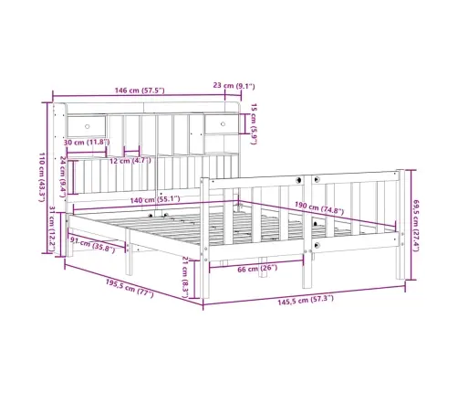 Lova Su Knygų Spinta Be Čiužinio, 140X190cm Pušies Masyvas