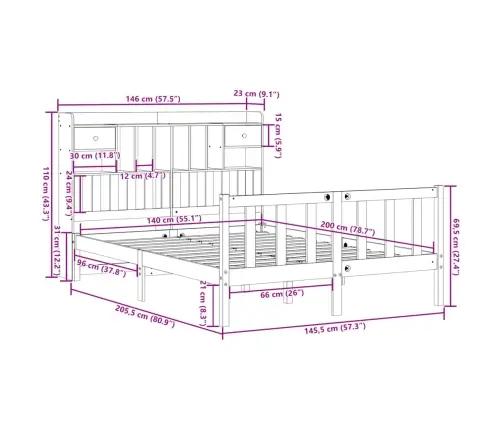 Lova Su Knygų Spinta Be Čiužinio, 140X200cm Pušies Masyvas