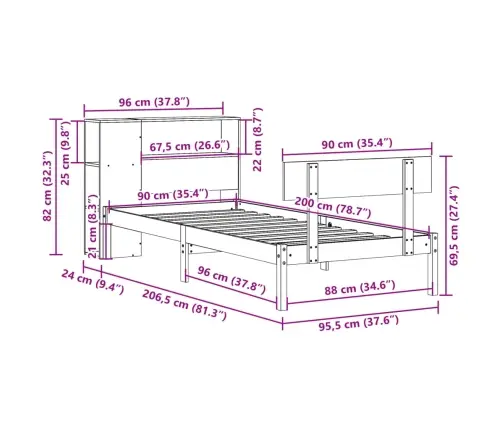 Lova Su Knygų Spinta Be Čiužinio, 90X200cm Pušies Masyvas