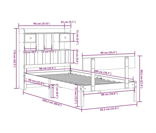 Gulta Ar Grāmatu Plauktu, Bez Matrača, 90X200 Cm, Priedes Koks Vidaxl