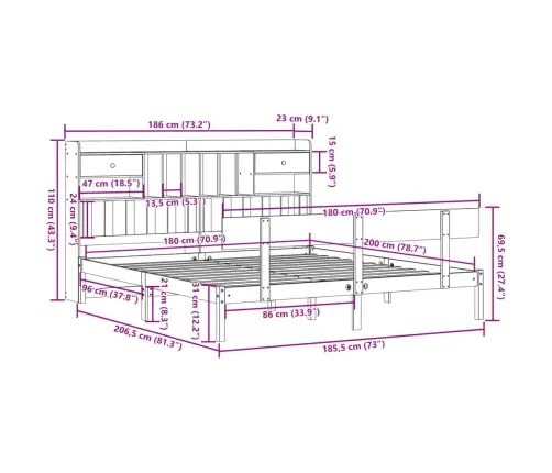 Gulta Ar Grāmatu Plauktu, Bez Matrača, 180X200 Cm, Priedes Koks Vidaxl