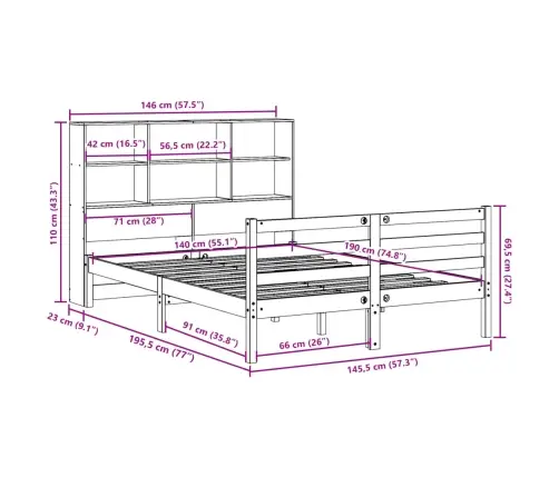 Gulta Ar Grāmatu Plauktu, Bez Matrača, 140X190 Cm, Priedes Koks Vidaxl