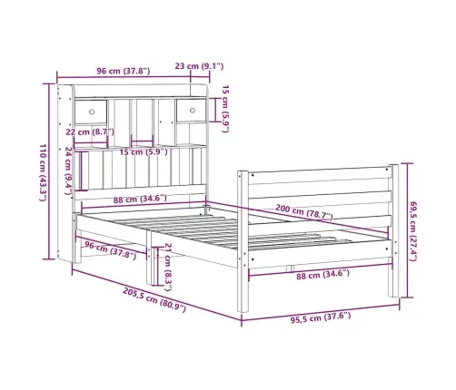 Riiuliga Voodiraam Ilma Madratsita, 90X200 cm Männipuit