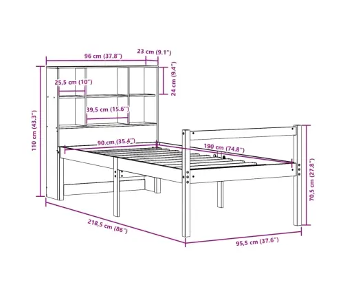 Gulta Ar Grāmatu Plauktu, Bez Matrača, 90X190 Cm, Priedes Koks Vidaxl