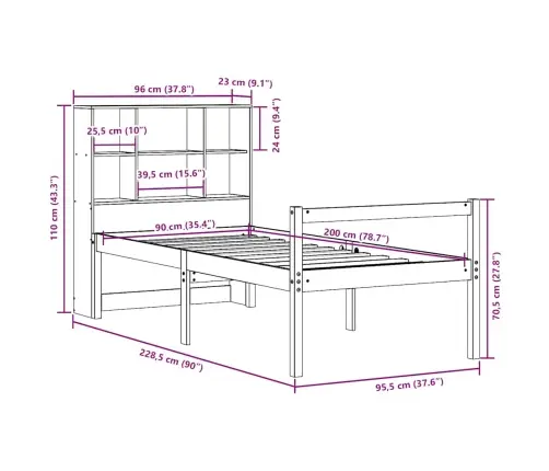 Lova Su Knygų Spinta Be Čiužinio, 90X200cm Pušies Masyvas