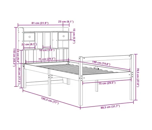 Gulta Ar Grāmatu Plauktu, Bez Matrača, 75X190 Cm, Priedes Koks Vidaxl