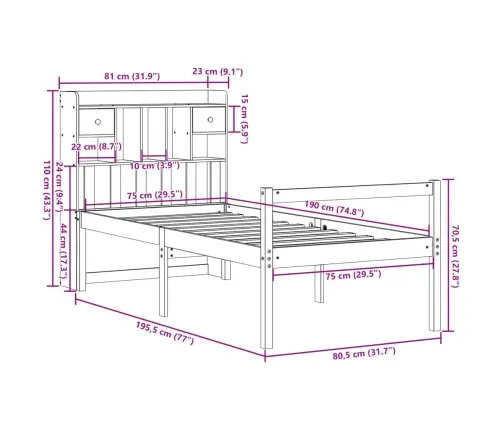 Gulta Ar Grāmatu Plauktu, Bez Matrača, 75X190 Cm, Priedes Koks Vidaxl