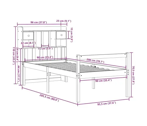 Gulta Ar Grāmatu Plauktu, Bez Matrača, 90X200 Cm, Priedes Koks Vidaxl
