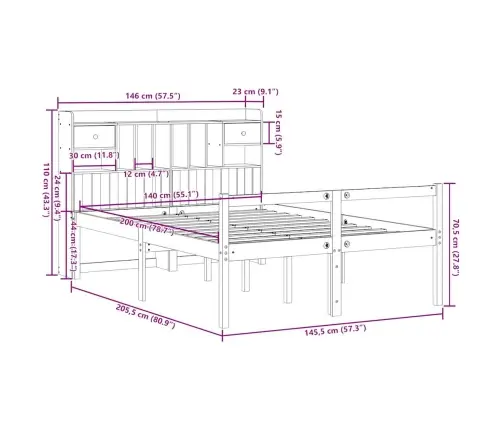 Gulta Ar Grāmatu Plauktu, Bez Matrača, 140X200 Cm, Priedes Koks Vidaxl