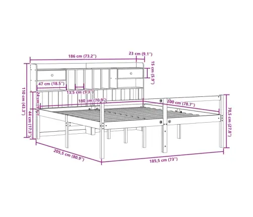 Gulta Ar Grāmatu Plauktu, Bez Matrača, 180X200 Cm, Priedes Koks Vidaxl