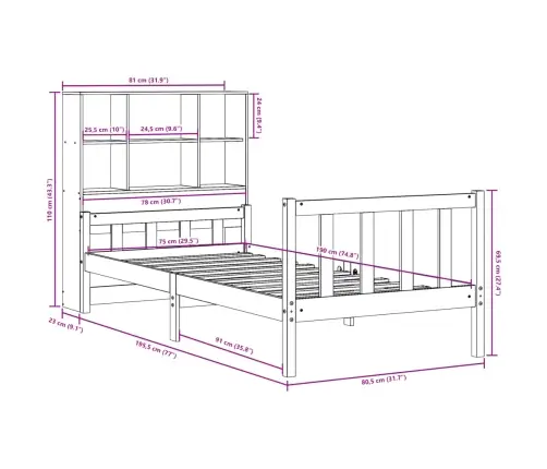 Gulta Ar Grāmatu Plauktu, Bez Matrača, 75X190 Cm, Masīvkoks Vidaxl