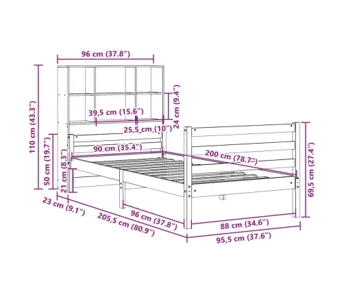Gulta Ar Grāmatu Plauktu, Bez Matrača, 90X200 Cm, Priedes Koks Vidaxl