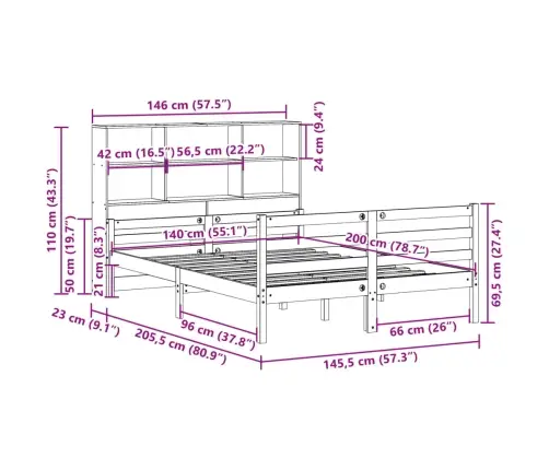 Lova Su Knygų Spinta Be Čiužinio, 140X200cm Pušies Masyvas