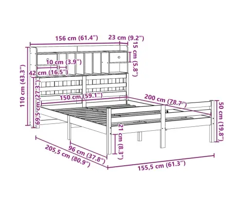 Gulta Ar Grāmatu Plauktu, Bez Matrača, 150X200 Cm, Priedes Koks Vidaxl