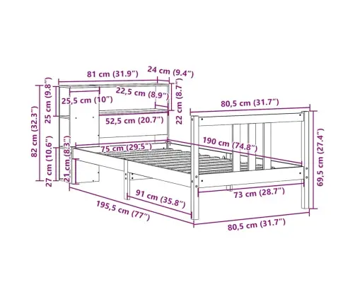 Gulta Ar Grāmatu Plauktu, Bez Matrača, 75X190 Cm, Priedes Koks Vidaxl