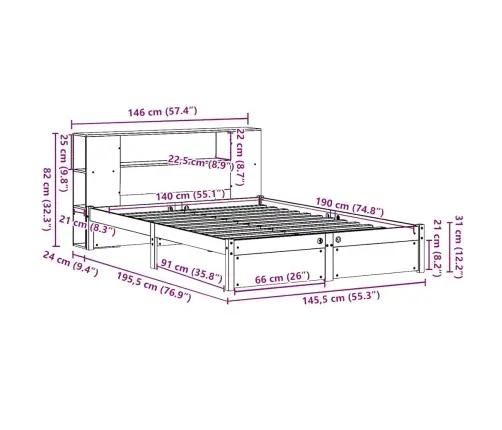Lova Su Knygų Spinta Be Čiužinio, 140X190cm Pušies Masyvas