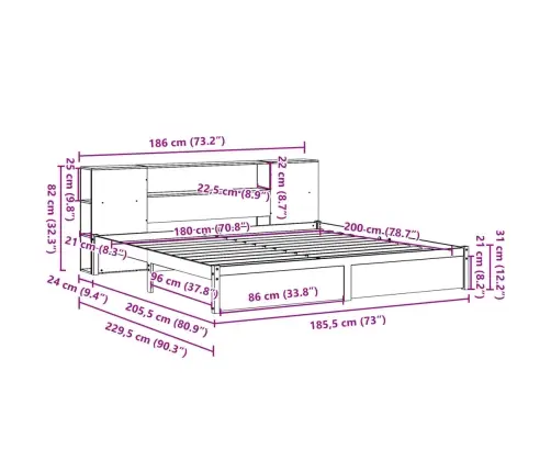 Riiuliga Voodiraam Ilma Madratsita, Valge, 180X200cm Männipuit